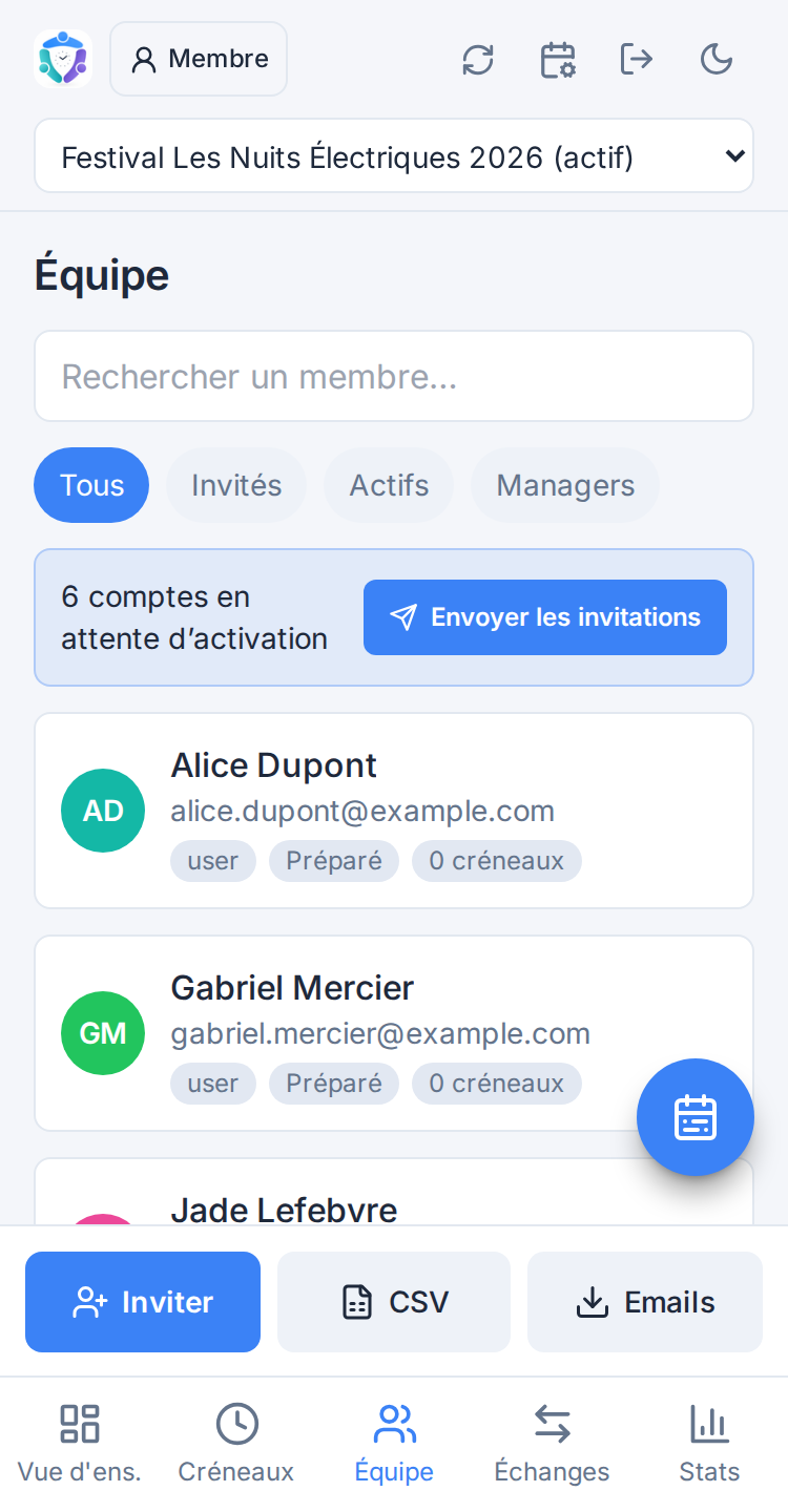 Écran Équipe (manager)