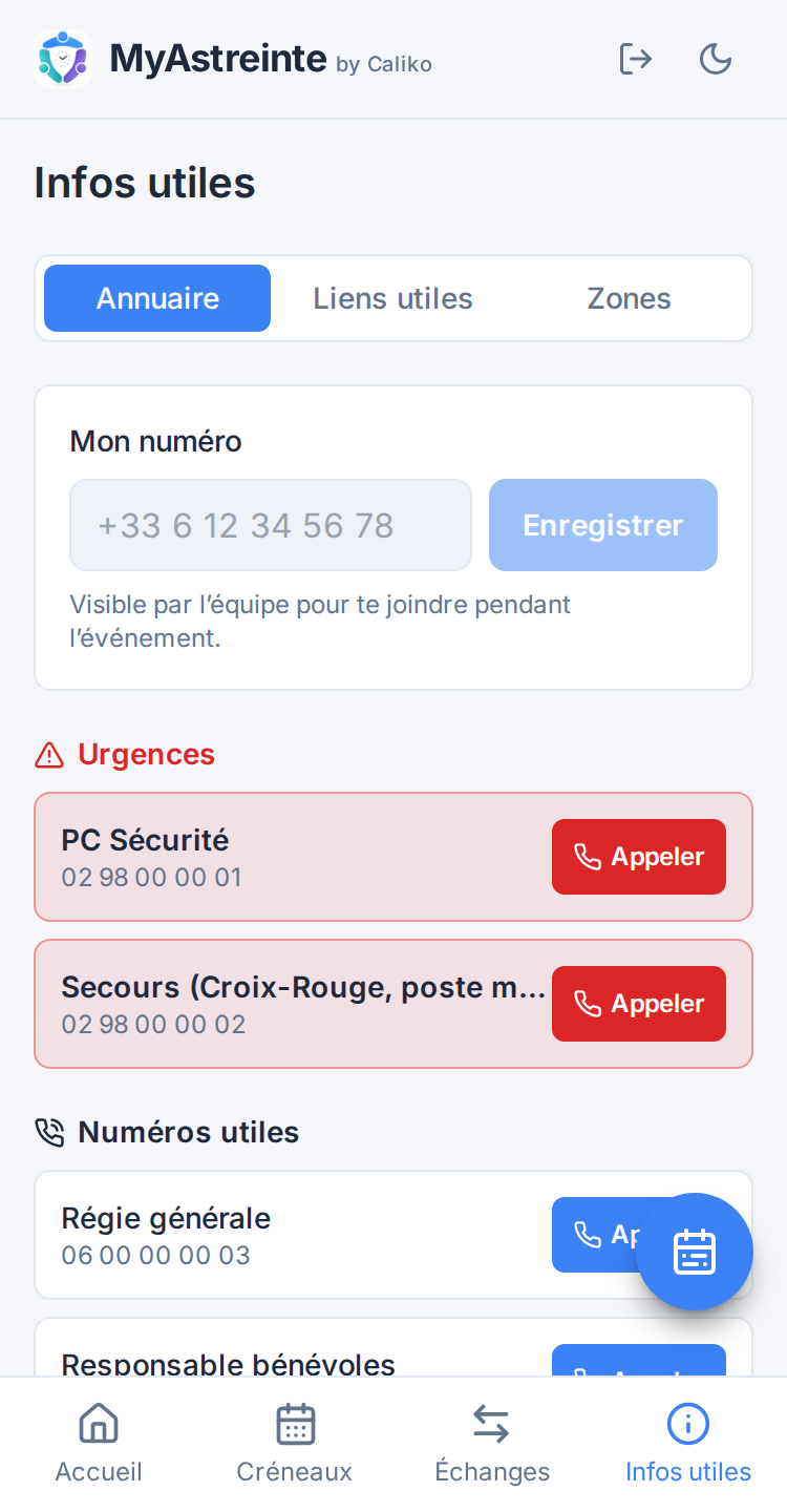 Écran Infos utiles (membre)