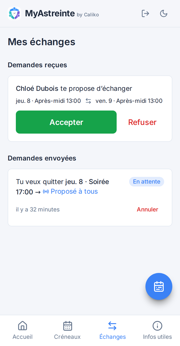 Écran Échanges (membre)